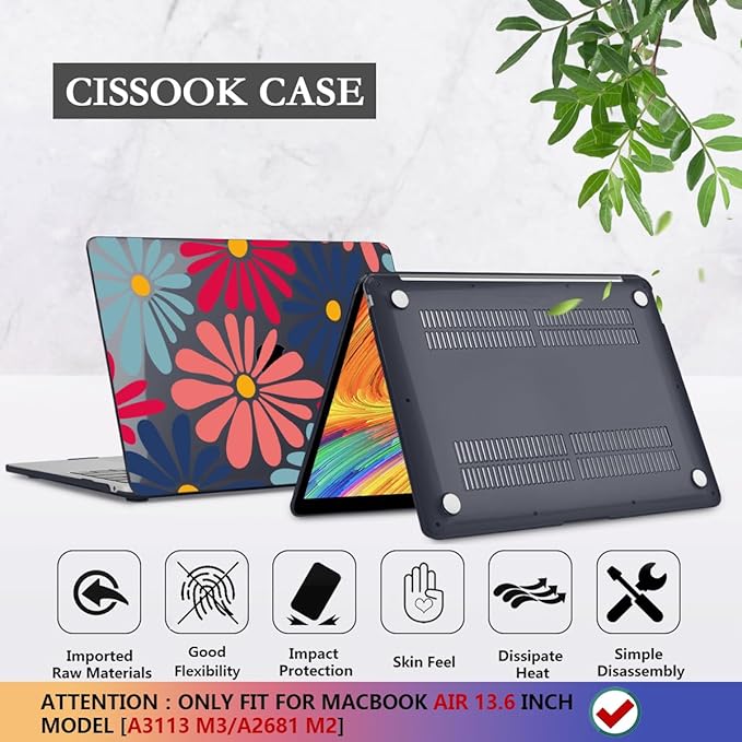 CISSOOK Compatible with MacBook Air 13 inch Case 2025 2024 2023 2022 Release M4 M3 M2 Chip, Plastic Hard Shell Cover Keyboard Skin for MacBook Air 13.6 inch A3240 A3113 A2681, Daisy Flowers