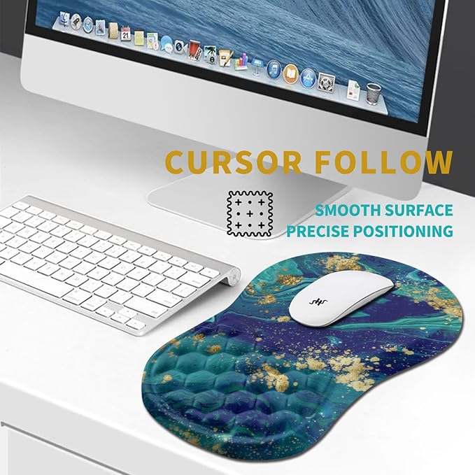Hokafenle Ergonomic Mouse Pad Wrist Support, Wrist Rest Mousepad for Carpal Tunnel Pain Relief with Integrated Memory Foam Slope Massage Bulge (11.8x7.9 inch,Blue Gold