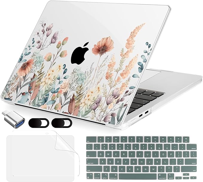 Compatible with MacBook Air 15 inch Case, M4 A3241/M3 A3114/M2 A2941 (Released 2025 to 2023), Hard Shell, Keyboard Cover, Screen Protector, Webcam Cover & Type-C Adapter, Abstract Flower