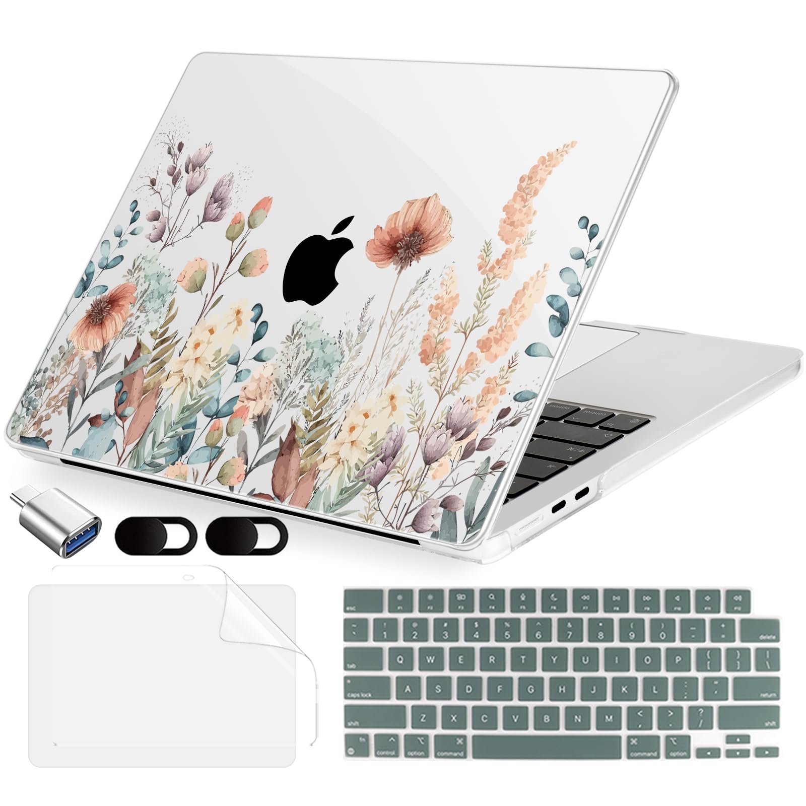 MecBevia Compatible with 2026 M5 MacBook Air 15 inch Case, 2026 2025-2023 M5 A3448 M4 A3241 M3 A3114 M2 A2941, Keyboard Cover, Screen Protector, Webcam Cover & Type-C OTG, Abstract Flower
