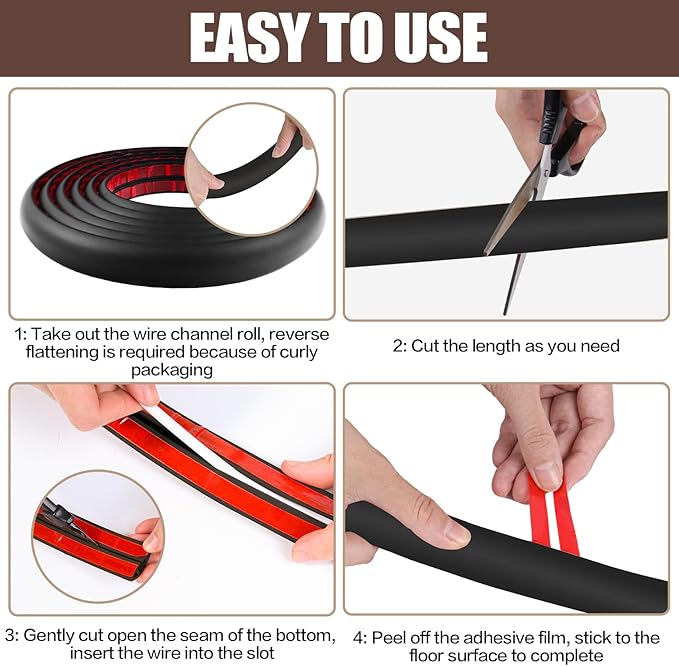Floor Cord Cover Self Adhesive Cord Hider,10FT Cable Management, Extension Strip Protector for Wires, Prevent Cable Trips for Offices, Gyms, Exhibitions Cavity:0.47"(W) x 0.35"(H) Black