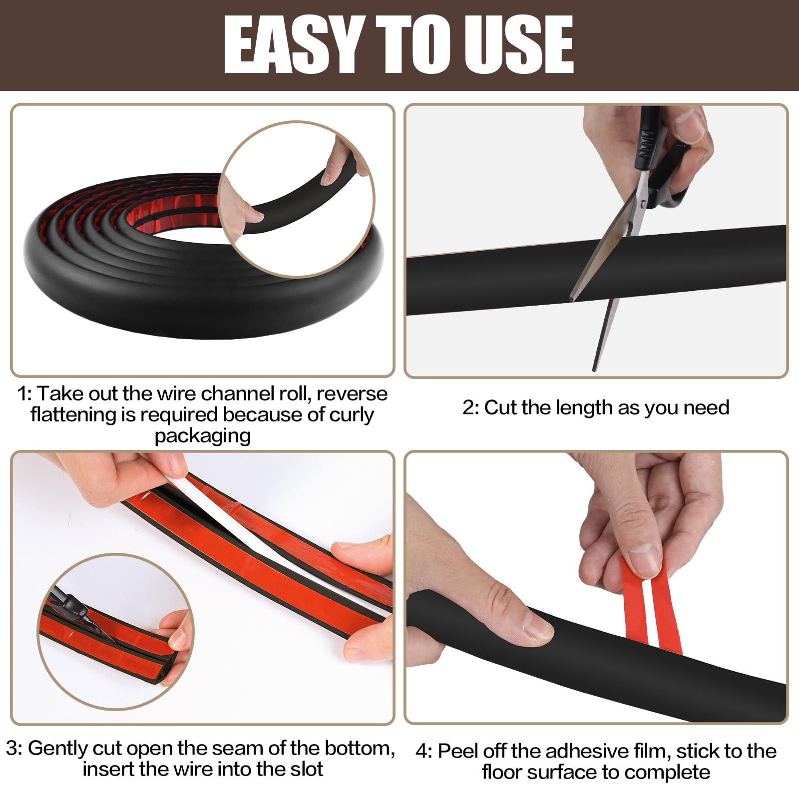 Floor Cord Cover Self Adhesive Cord Hider,10FT Cable Management, Extension Strip Protector for Wires, Prevent Cable Trips for Offices, Gyms, Exhibitions Cavity:0.3"(W) x 0.28"(H) Black