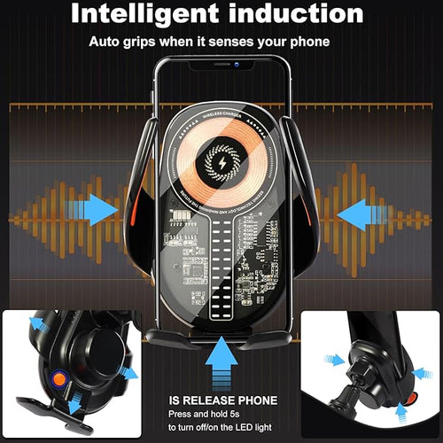 15W Car Phone Holder Wireless Charger - Auto Sensing Clamping 3-Axis Adjustable 360° Rotation Fast Charging Phone Holders for Your Car Vent Clip Slim Design with Unisex for iPhone Android Samsung