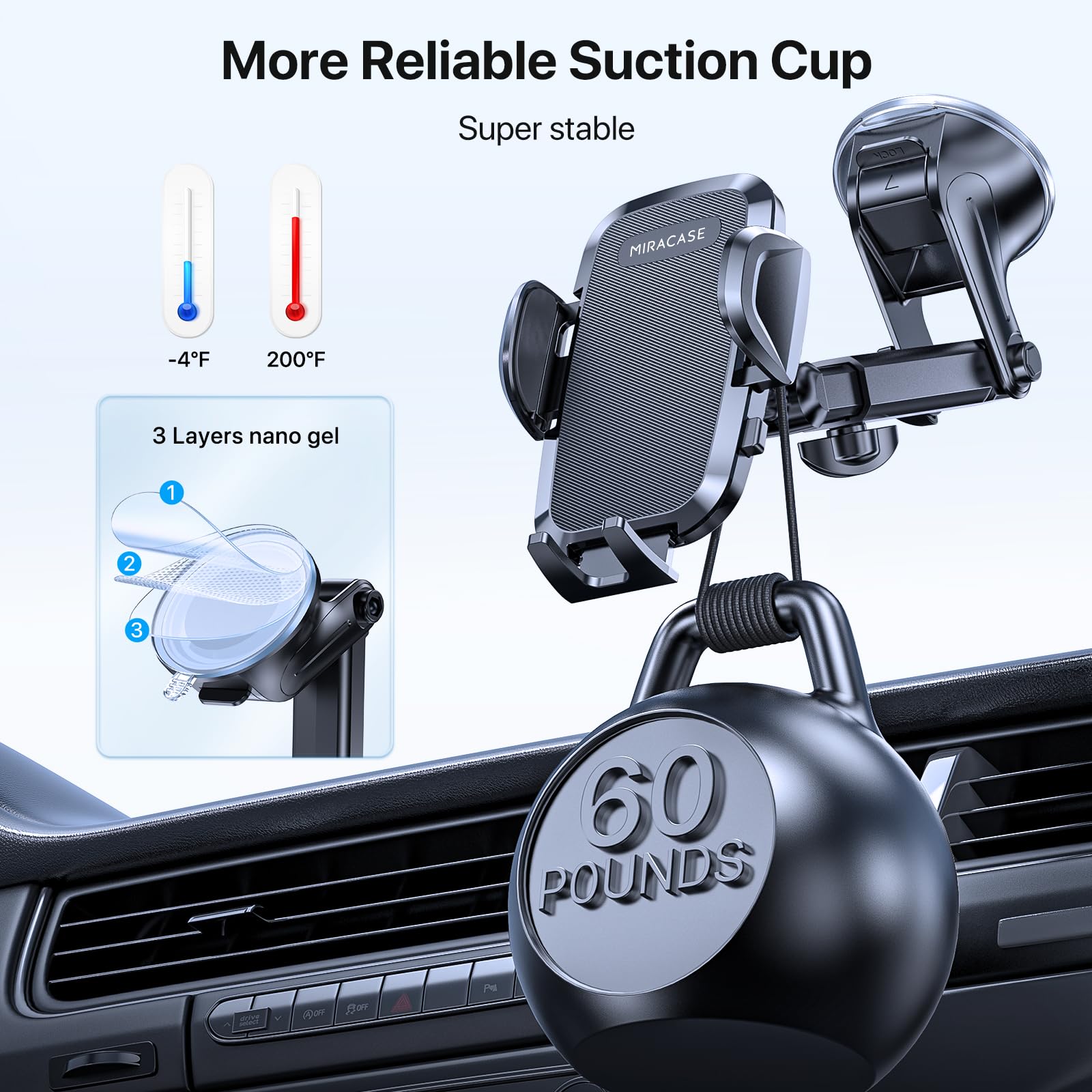 Miracase Phone Holders for Your Car, [Thick Case & Heavy Phone Friendly] Universal Cell Phone Car Mount, 3-in-1 Phone Mount for Car Dashboard Windshield Air Vent Fit for All Smartphones