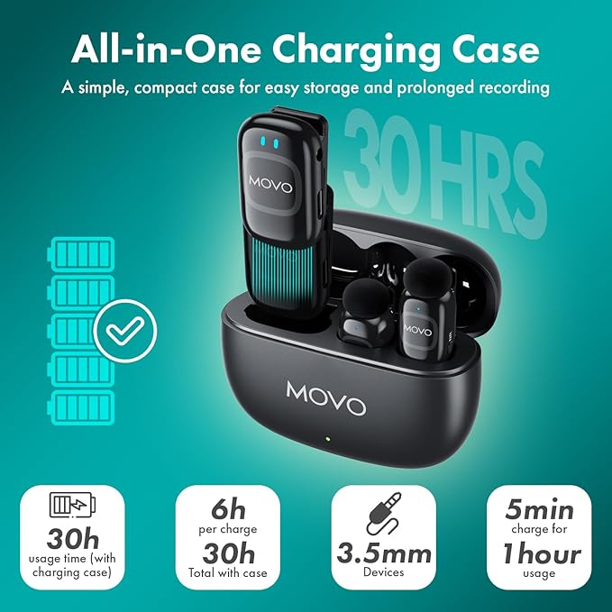 Movo NanoMic Wireless Lavalier Microphone for Camera – Clip-On TRS Wireless Mic System for DSLR, Camcorders, and Mirrorless Cameras – Dual Microphones with Charging Case for Video, Interviews