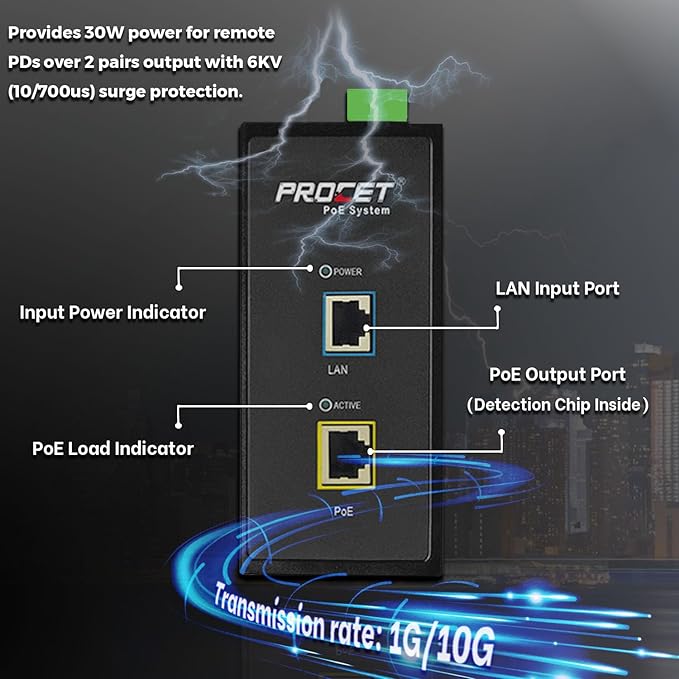 PROCET 10 Gbps PoE+ Gigabit Injector Din Rail, 30W Industrial Boost PoE Adapter with Wide Temp -40°F to 149°F, 6KV Surge Protection, 12-48V DC Input, IEEE802.3af/802.3at, PT-PSE105G-E-10