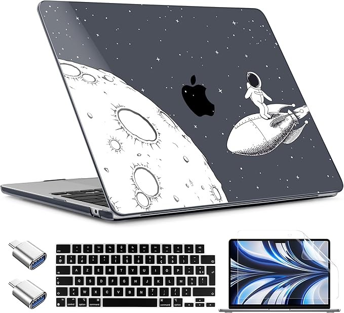 TWOLSKOO Compatible with M4 MacBook Air 13.6 inch Case 2025-2022 Release M4 A3240 M3 A3113 M2 A2681, Plastic Hard Shell & Keyboard Cover & Type C Adapter & Screen Protector, Flying Astronauts