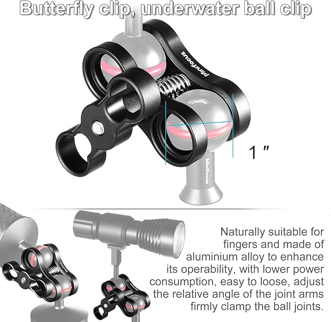MINIFOCUS 2PCS 1'' Aluminum Ball Clamp Mount for Underwater Diving Light Arms Tray System, Photography Diving Camera, 360° Clip Adapter Bracket for Action Camera Flashlight Arms System