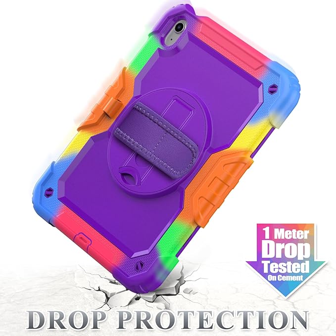 SEYMAC stock Case for iPad (A16) 11th/10th Generation 11''/10.9'' 2025/2022, Full-Body Drop Protection Case with Screen Protector &360° Rotate Hand Strap/Stand, Purple+Colorful