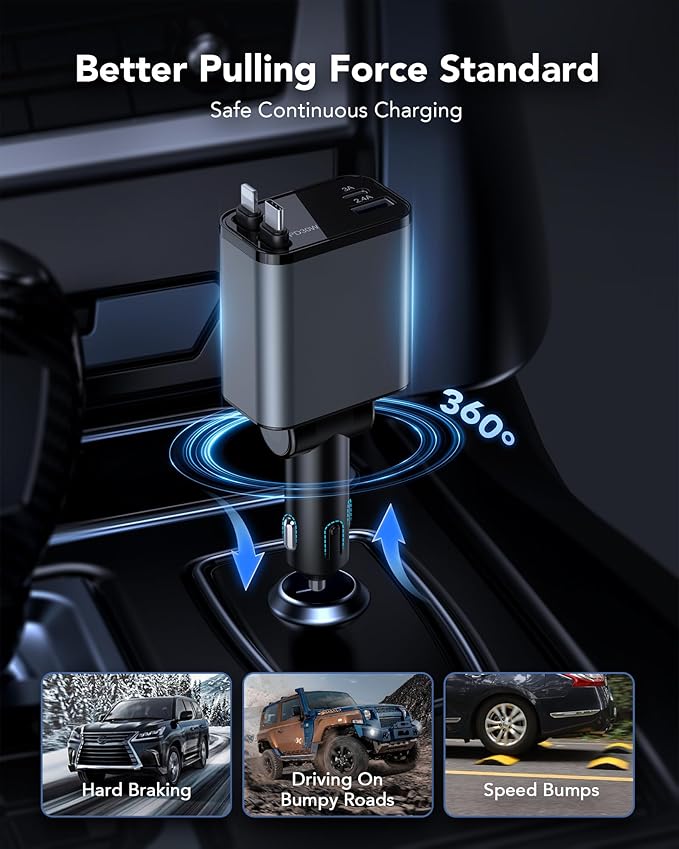 69W Retractable Car Charger, 4-in-1 Fast Car Phone Charger with 2.6ft Two Retractable Cables and USB C+USB A Car Charging Block Cube, Compatible with iPhone 16 15 14 13 12 Pro Max Plus,Galaxy,Pixel