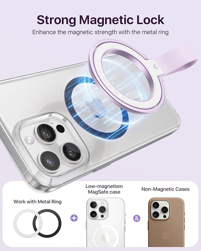 andobil [2025 Unrivaled Stability] Magnetic Phone Grip Holder for MagSafe Ring Stand Holder Kickstand Compatible with MagSafe Accessories for iPhone 16 Pro Max Plus iPhone15/14/13/12&Android,Purple
