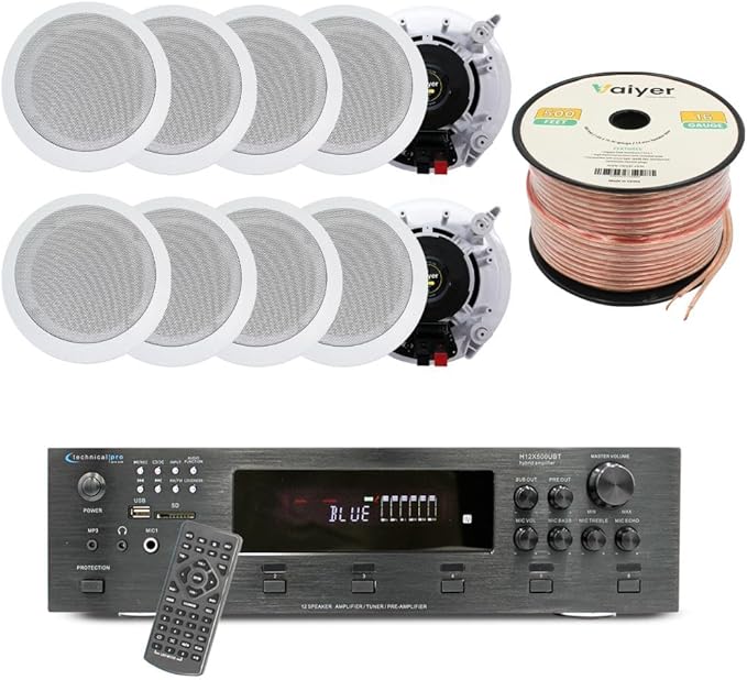Vaiyer Home Audio System Kit, 6-Channel 6000 Watts Bluetooth Amplifier with 5.25" 10 QTY of 175 W Each in-Wall in-Ceiling Speakers & 16AWG 500 ft. Speaker Wire - Perfect for Home, Office, Restaurants