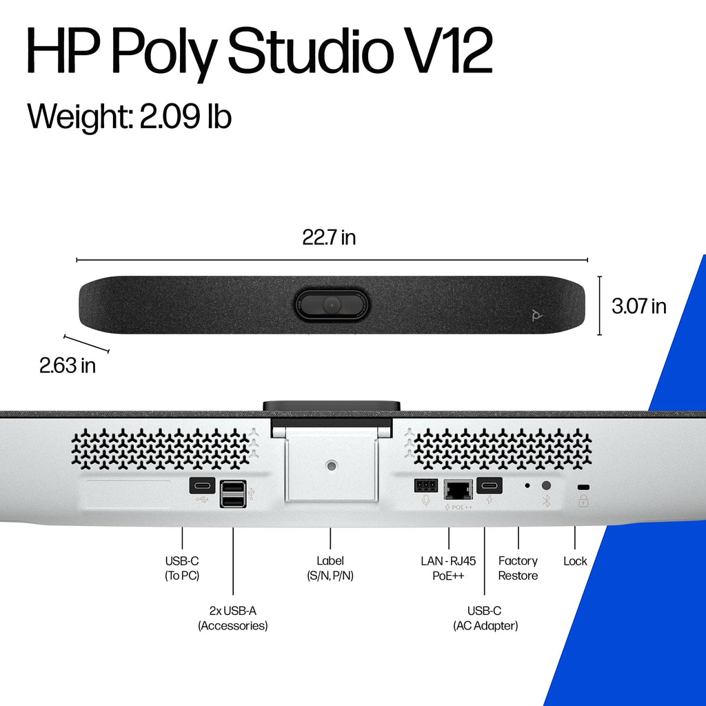 Poly Studio V12 – USB Video Bar for Small Rooms - 4K 20MP Camera, AI-Enhanced Audio, Noise Cancellation, Poly Lens Management - Microsoft Teams, Zoom & Google Meet Compatible - Thoughtfully Made