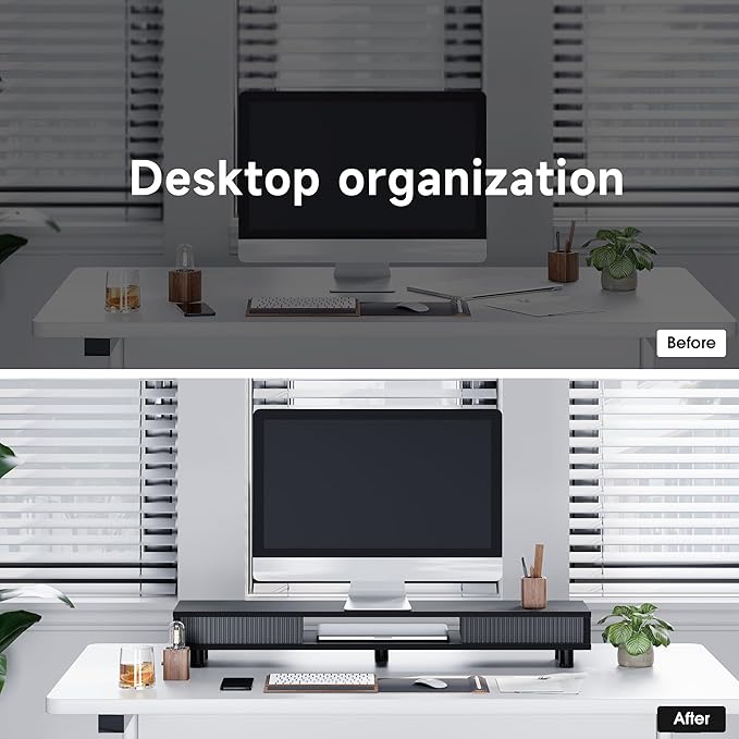 Fenge Dual Monitor Stand with Storage, Desk Shelf with Glass Sliding Door