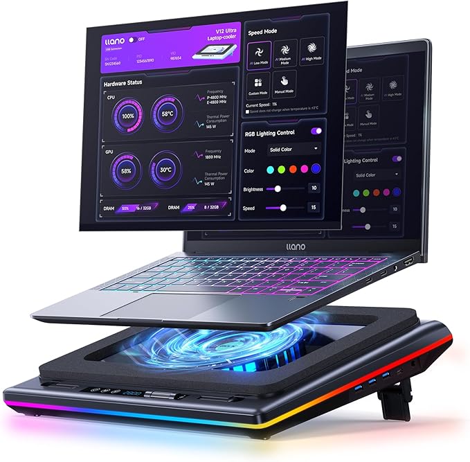 llano V12 Ultra Laptop Cooling Pad with Smart Software Control, RGB Gaming Laptop Fan Cooler Stand, 5.5" Turbo Fan, Adjustable Speed, 3*USB 3.0 Ports, 3 Height Stands, for 15.6"-19" Laptops, Black
