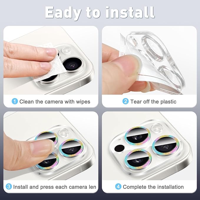LucBuy 3PCS Sparkling Camera Lens Protector for iPhone 16/iPhone 16 Plus, Full Clear Acrylic Cover with Shiny Colorful Glitter Designed Decoration Back Camera Protector