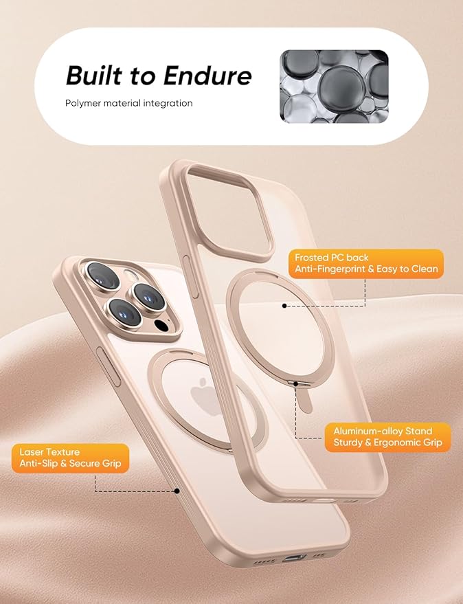 MAGIC JOHN 360° Rotatable Magnetic Invisible Stand for iPhone 15 Pro Max Case [Anti-Slip Grip] [Compatible with MagSafe] 16FT Shockproof for iPhone 15 Pro Max Case with Kickstand, Rose Gold