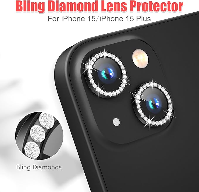 AGVEE 3+3 6 Pack for iPhone 15 6.1" / 15 Plus 6.7" Camera Lens Protector, Bling Diamond & Bling Glitter Metal Ring 9H Tempered HD Glass Camera Cover Film, Bling-Black