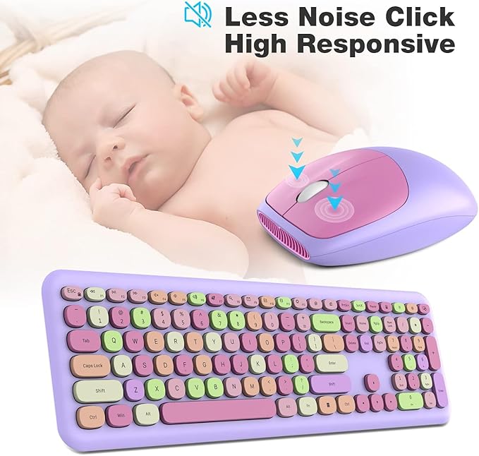 KNOWSQT Wireless Keyboard and Mouse Combo, Pale Purple Full-Sized 2.4G Silent Keycap Colorful Keyboards, USB Dongle Plug Play, for Laptop, Windows, PC, Computer, Desktop