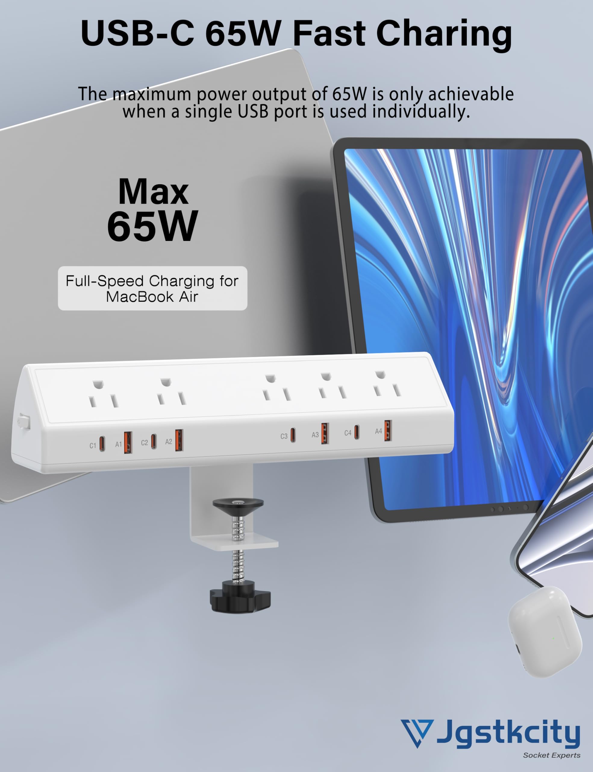 Jgstkcity Desk Clamp Power Strip USB C 65W,8 USB,10FT Cable,White