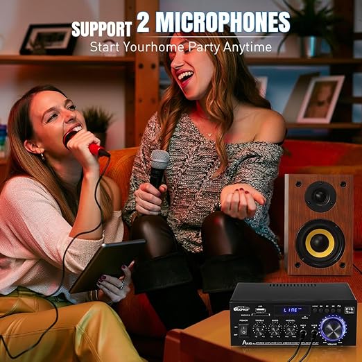 AK45 Pro Stereo Amplifier Home Audio, Stereo Receivers with Bluetooth 5.0,Max 400W, 2.0 Channel Audio Receiver for Home Theater Speakers w/USB/SD/RCA/2 MIC in for Karaok