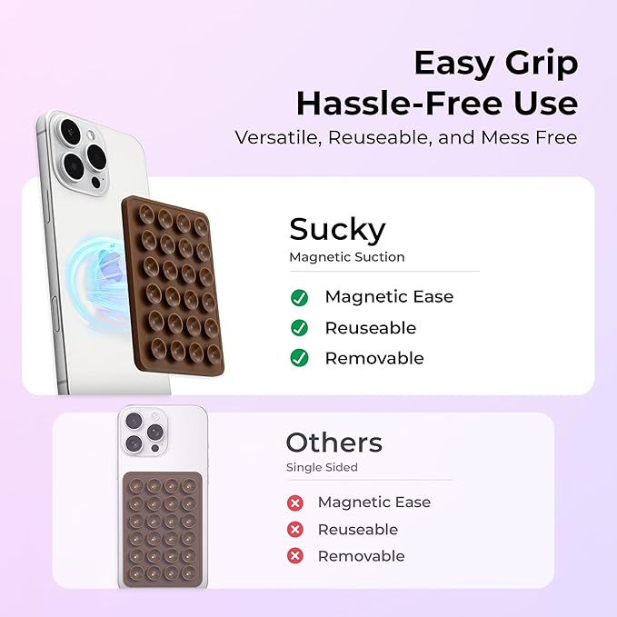 Sucky Upgraded Magnetic Suction Cell Phone Grip for MagSafe Case, Silicone Octo Cup Buddy Holder, Durable Magnet Phone Accessory for iPhone and Android (Chalk Pink)