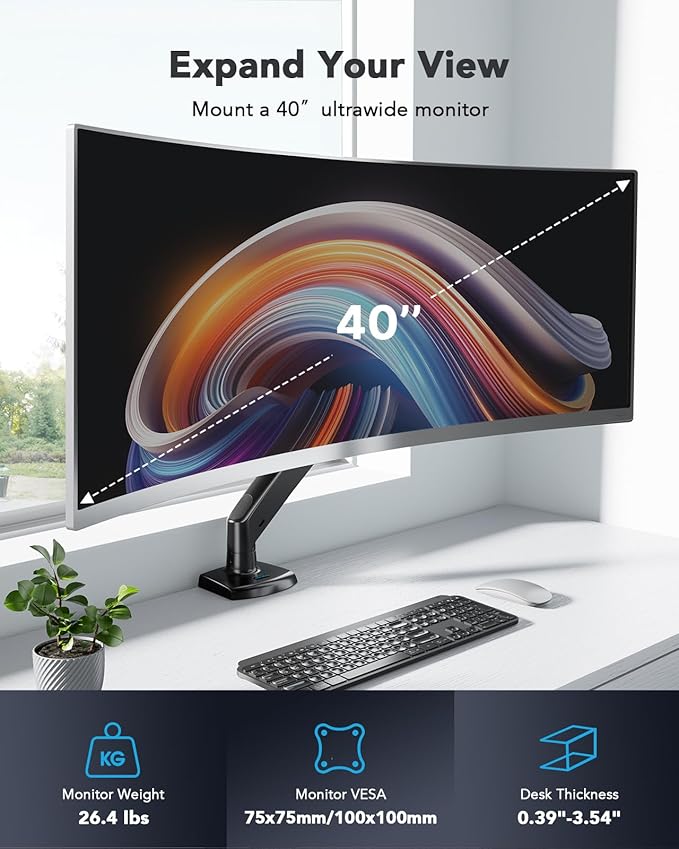 HUANUO Single Monitor Arm for 40 inch Screens, Ultrawide Computer Monitor Mount Holds 26.48 lbs, Upgraded Adjustable Stand with USB, C-Clamp & Grommet Base, VESA 75x75 or 100x100mm