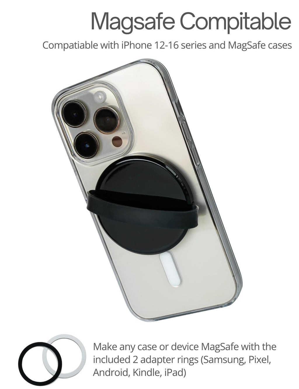 Heesch Magnetic Phone Grip for Back of Phone Ring Holder for Phone Case with Loop Finger Strap for iPhone 16 Pro Max Grip Magsafe Accessories, Black