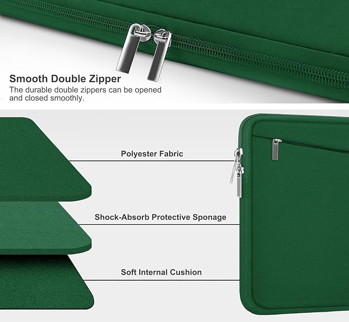 Laptop Sleeve 15.6 inch, Computer Carrying Bag Protective Case Handbag with Front Pocket, Slim Laptop Cover for 15-16 Inch HP, Dell, Lenovo, Asus, Dark Green