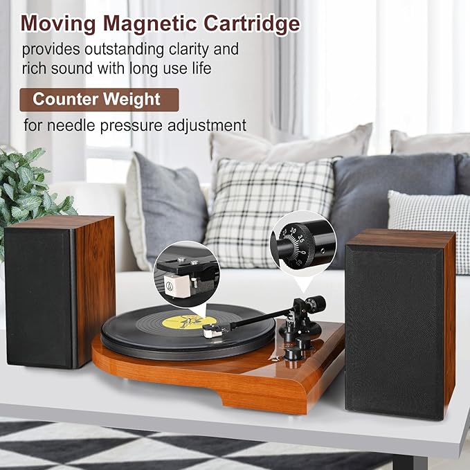 Vinyl Record Player with Bluetooth Input Output,Turntable with Built-in Preamp,USB Recording,Speed Adjustment,Counterweight and Moving Magnet Stylus,Upgraded Single-Platter Design (No Sub-Platter)