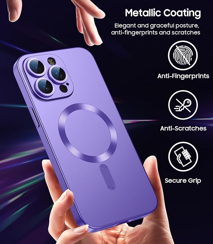 Magnetic for iPhone 14 Pro Max Case [Compatible with MagSafe][Built-in Camera Lens Protector] Slim Soft TPU Bumper Shockproof Metallic Luster Phone Case (Purple)