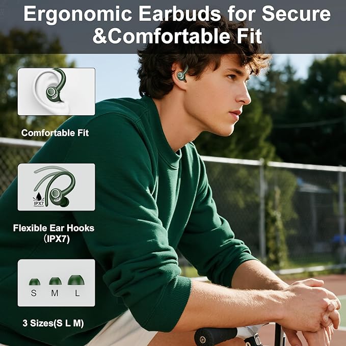 Wireless Earbuds Bluetooth 5.3 Headphones Sports, 48Hrs Playtime Bluetooth Earbuds with CVC 8.0 Mic, Stereo Bass Over Ear Bud with Earhooks, LED Display, IP7 Waterproof Earphon for Running Green
