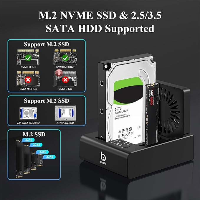 M.2 NVMe & SATA HDD Docking Station,10Gbps USB3.2 Gen2 SSD Cloner for M.2 NVMe SSD + SATA 2.5”/3.5” HDD Converter, Offline Cloning, Tool-Free, Cooling Fan
