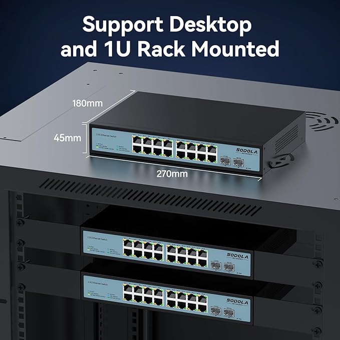 SODOLA 16 Port 2.5Gb Switch Umanaged,16X 2.5GBASE-T Ports,2X 10G SFP, 120Gbps Switching Capacity,Port Isolation,/1U Rack-Mount/Fanless/Plug & Play Multi-Gig Unmanaged Network Switch