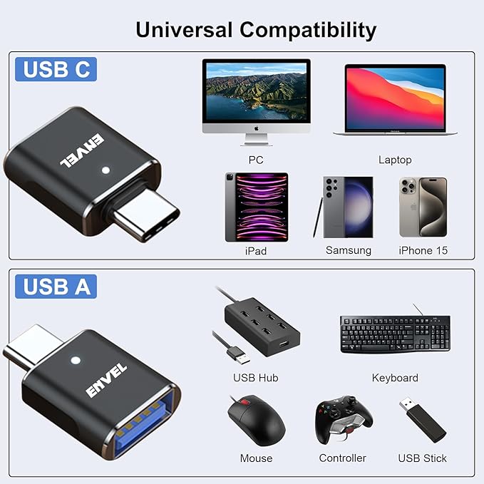 ENVEL USB to USB C Adapter, USB3 5Gbps High Speed Data Transfer, OTG Converter Thunderbolt3 to USB Female Compatible with Apple iWatch iPhone 15 Pro Max iPad Air 4 5 Mini 6 (Black C, USB C Male)