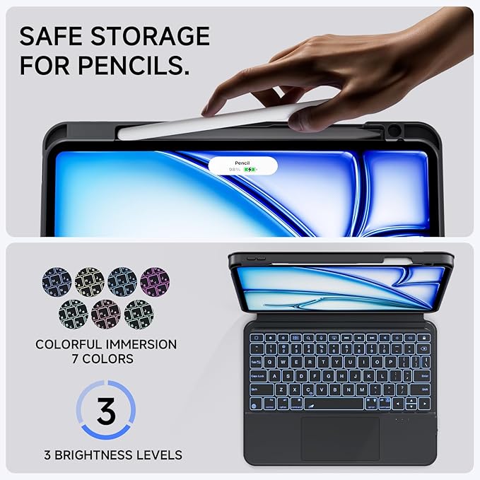 ONLY fit for 2024 M4 iPad Pro 11 inch Case with Keyboard Detachable Magic Keyboard Trackpad, 360 Rotating Cover with Pencil Holder Multi Angle Stand, 12 Shortcut Key, 7 Color Backlit, Black
