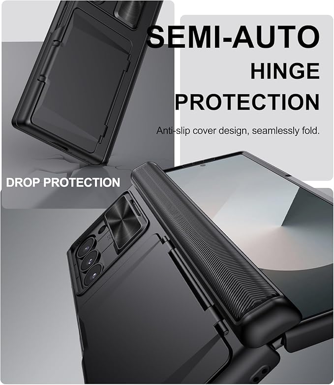 for Samsung Galaxy Z Fold 6 Case with Card Holder & Belt Clip & Slide Camera Cover, Built-in Hinge Protection & Screen Protector, Durable Wallet Phone Cover Case for Z Fold 6 5G 2024, Black