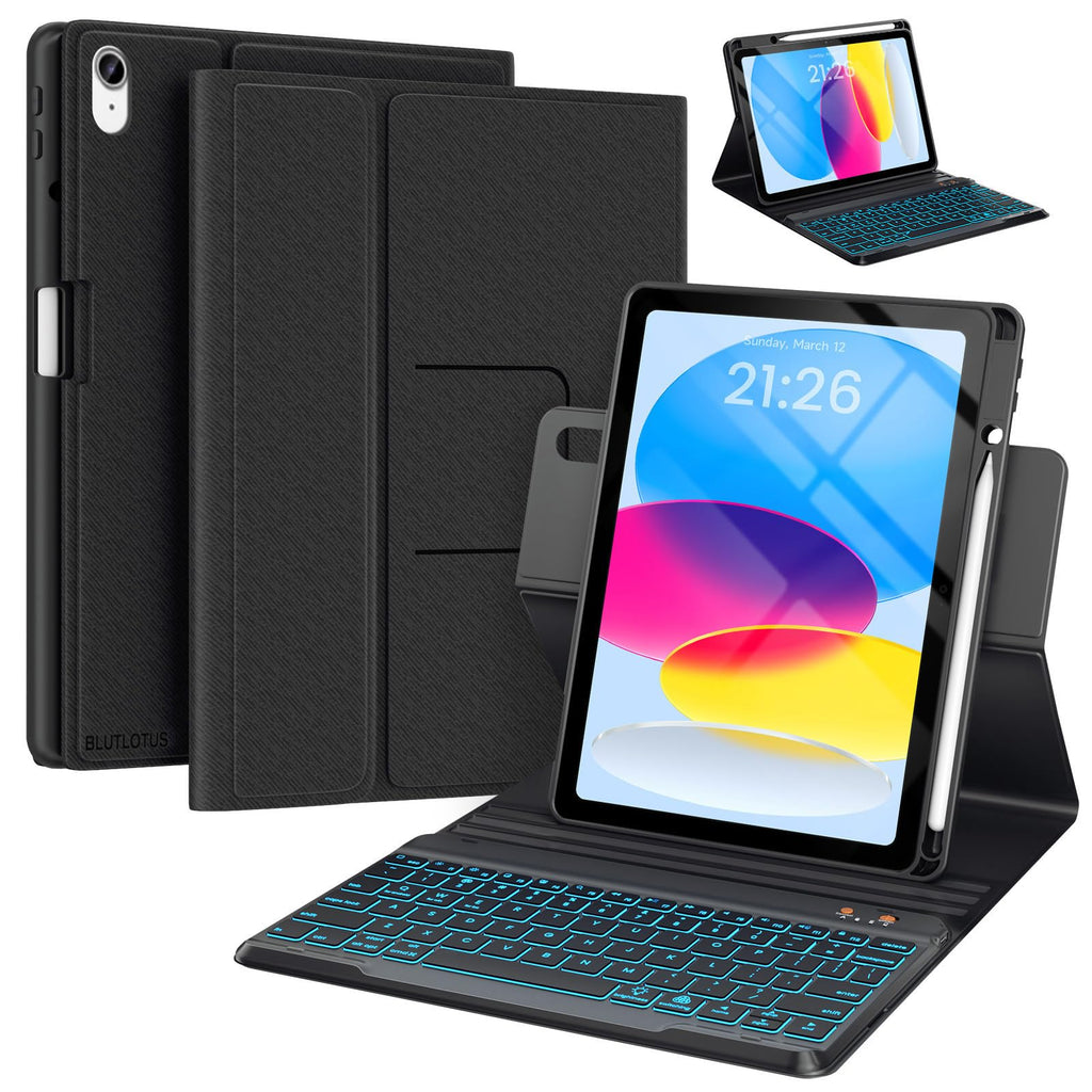 BLUTLOTUS Keyboard Case for iPad 11th Generation (A16) 10th Generation (2025/2022) - 360 Rotatable Magnetic Folio Cover, 7 Color Backlit Detachable Wireless Keyboard with Pencil Holder (Purple)