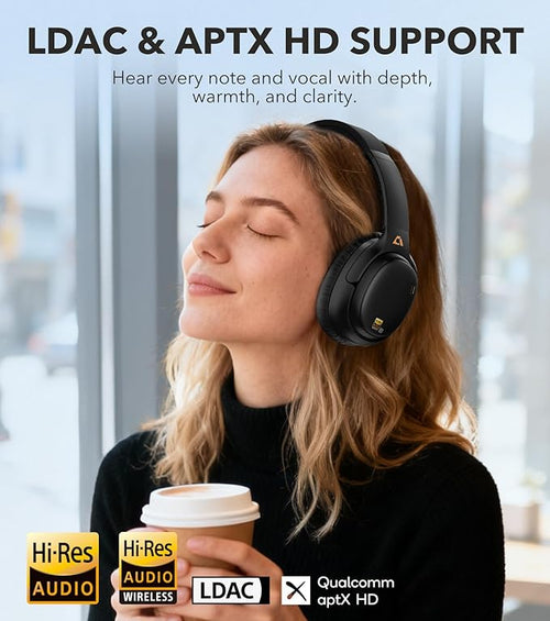 1Mii E700 Hybrid Active Noise Cancelling Headphones, Bluetooth Wireless Hi-Res Audio LDAC, Comfortable Over Ear for Commuters Traveler Student, aptX Low Latency for TV Home Office Airplane, Black