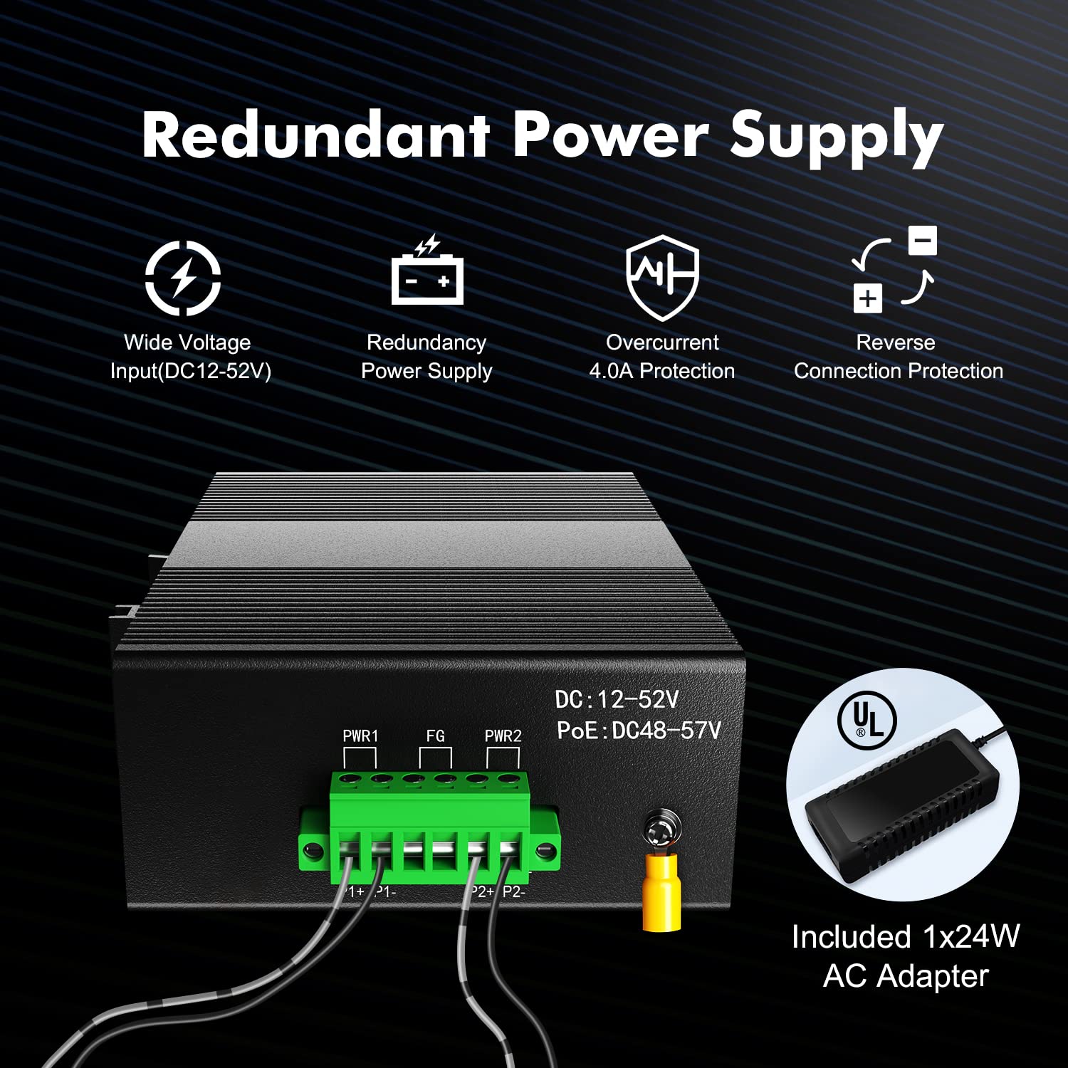 MokerLink 5 Port Industrial DIN-Rail Network Switch, 4 Gigabit Ethernet, 1 SFP, 14Gbps Switching Capacity, IP40 Rated (-40 to 185F), With UL Power Supply