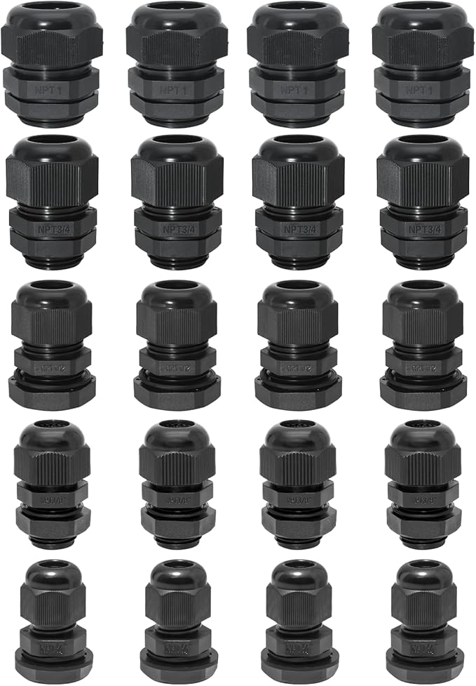 20 Pcs Nylon Cable Gland Kit, IP68 Waterproof Adjustable Cord Grip Cable Connector Strain Relief Wire Protectors, 1/4" 3/8" 1/2" 3/4" 1", Black