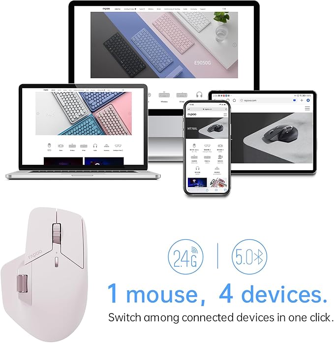 Rapoo MT760Mini Bluetooth Wireless Mouse - Bluetooth 5.0 and 2.4GHz Multi-Mode Connection, Support 4 Devices, M+ Cross Computer Technology, 11 Programmable Buttons,Pink