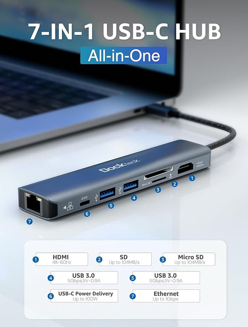 7-in-1 USB C Hub dockteck | 4K 60Hz HDMI, 1Gbps Ethernet, 100W Power Delivery, SD/TF Card Slots, USB 3.0 Data Ports USB C Dock for MacBook, iPad Pro, XPS