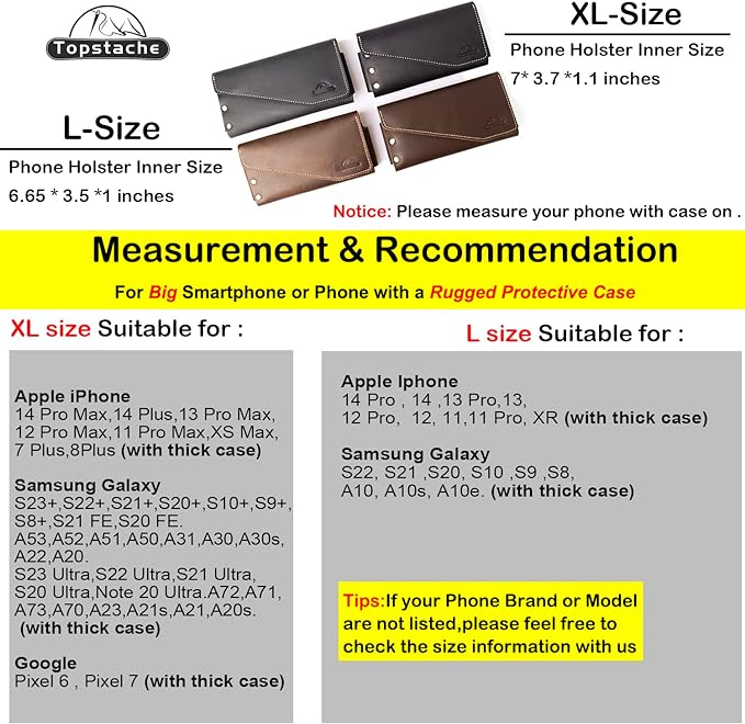 Topstache Leather Phone Holster with Belt Clip,S22 Ultra Belt Holder,iPhone 14 Pro Max Case for Belt,Leather Belt Pouch for Universal Smartphone with Otterbox Case,Flip Cellphone Pouch,XL,Darkbrown