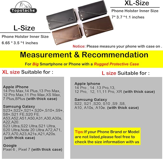 Topstache Leather Phone Holster with Belt Clip for Galaxy S23,iPhone 14,14 Pro,Leather Belt Pouch for Universal Smartphone with Otterbox Case,Flip Cellphone Pouch,L,Darkbrown