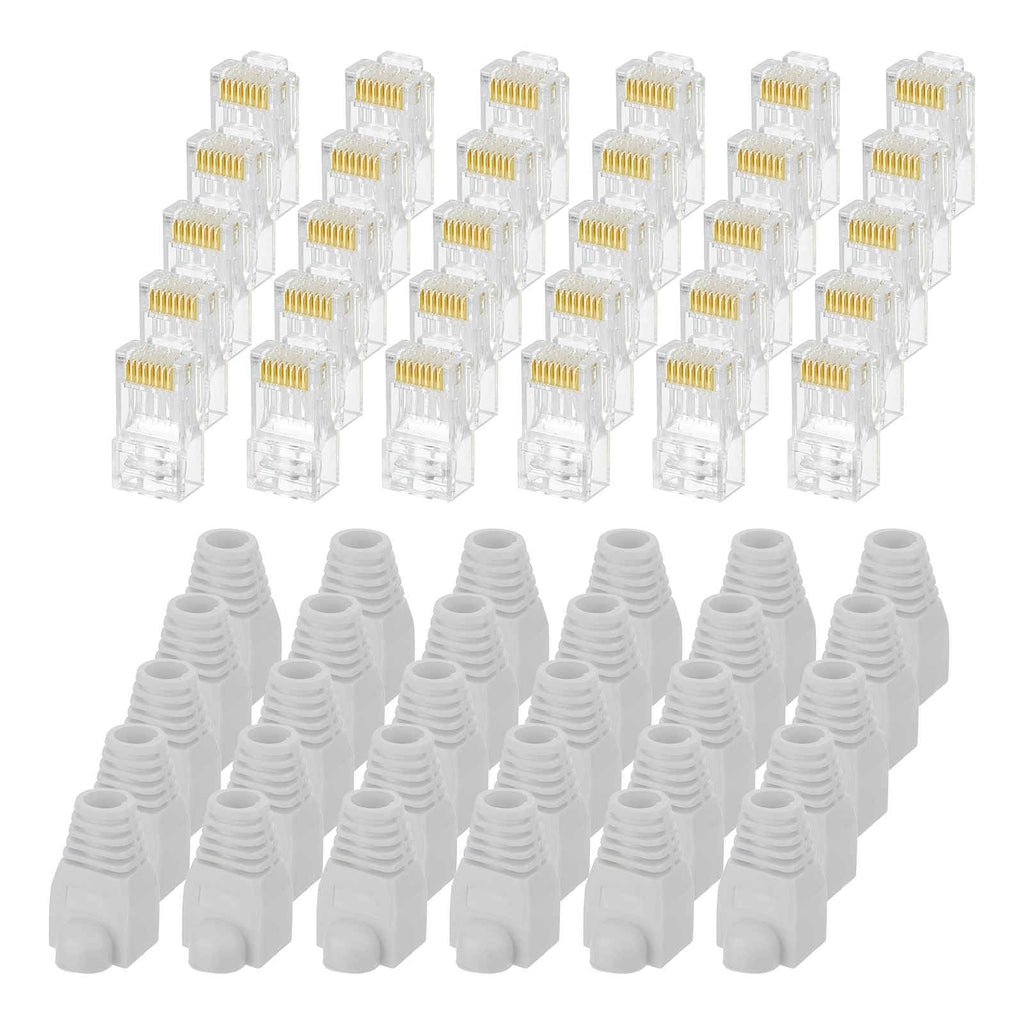 MECCANIXITY 30pcs Cat6 RJ45 Pass Through Connectors, RJ45 Connector 8P8C Gold Plated Plugs with 30pcs White Strain Relief Boots for Solid or Stranded UTP Ethernet Cable, 1.1mm