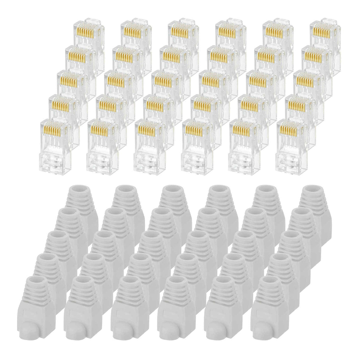 MECCANIXITY 30pcs Cat6 RJ45 Pass Through Connectors, RJ45 Connector 8P8C Gold Plated Plugs with 30pcs White Strain Relief Boots for Solid or Stranded UTP Ethernet Cable, 1.1mm