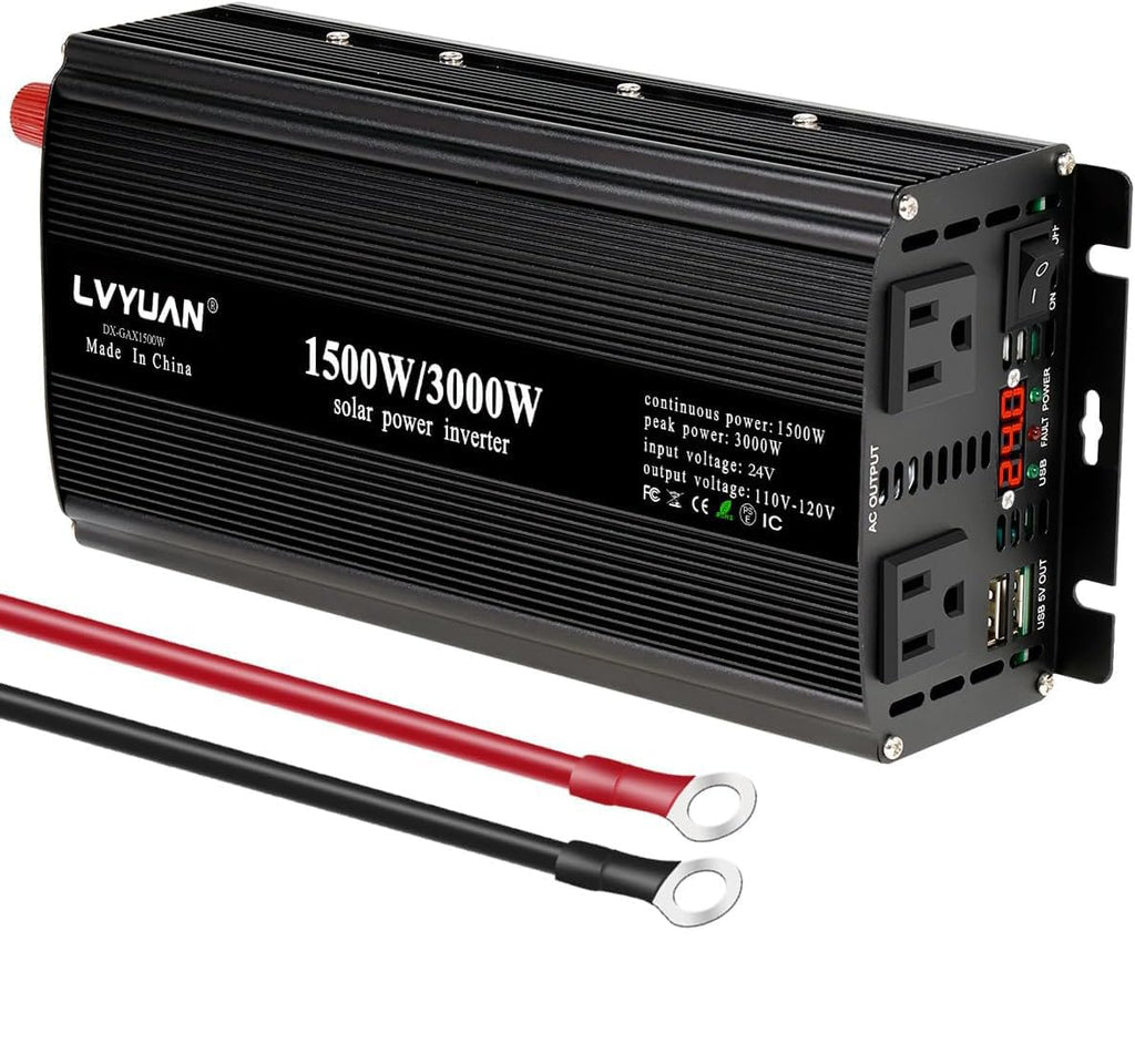 LVYUAN 1500W Power Inverter 24V to 110V DC to AC with 2 US Sockets, LED Display, USB Ports for Home, Truck, Outdoor, Camping
