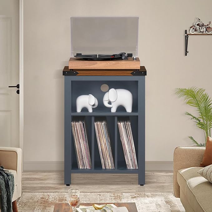 Record Player Stand with Vinyl Record Storage Holds up to 160 Albums,Large Wood Record Player Table Dispaly Shelf，Blue Turntable Stand Cabinet for Living Room,Bedroom,Office 9