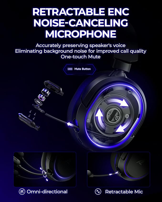 Wireless Gaming Headset, 7.1 Surround Sound, 2.4GHz USB Gaming Headphones with Bluetooth 5.4, 100H Battery, ENC Noise Canceling Mic, RGB Light, Wireless Headset for PC PS5 PS4 Mac Switch (Black-Blue)